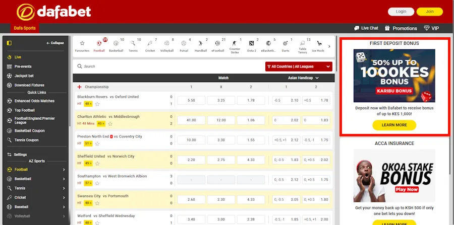 Dafabet Sportsbook and Deposit Bonus Screenshot